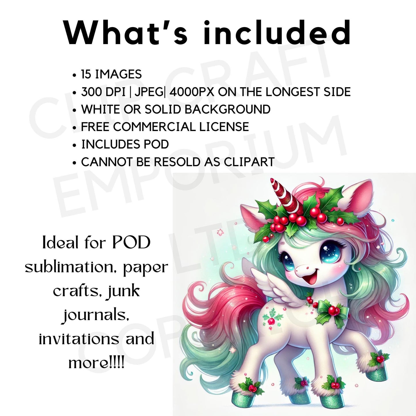 15 imágenes prediseñadas de unicornio navideño