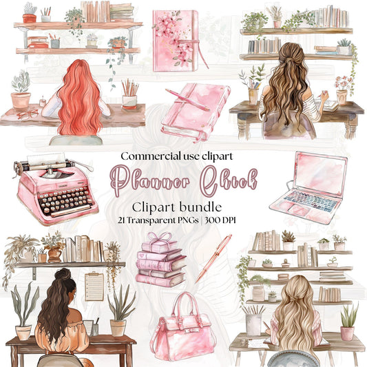 Watercolor Blush Pink Planner Chick Clipart