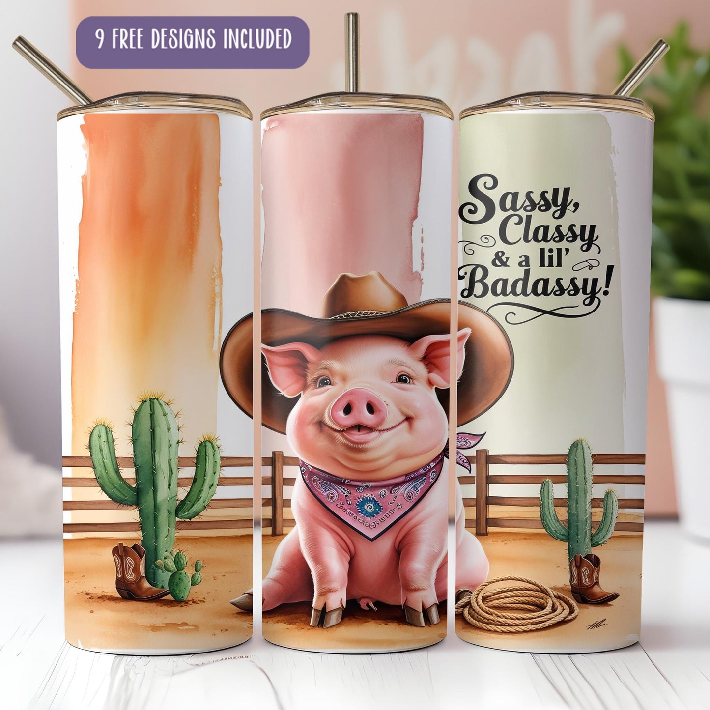 a group of three cans with a picture of a pig in a cowboy hat