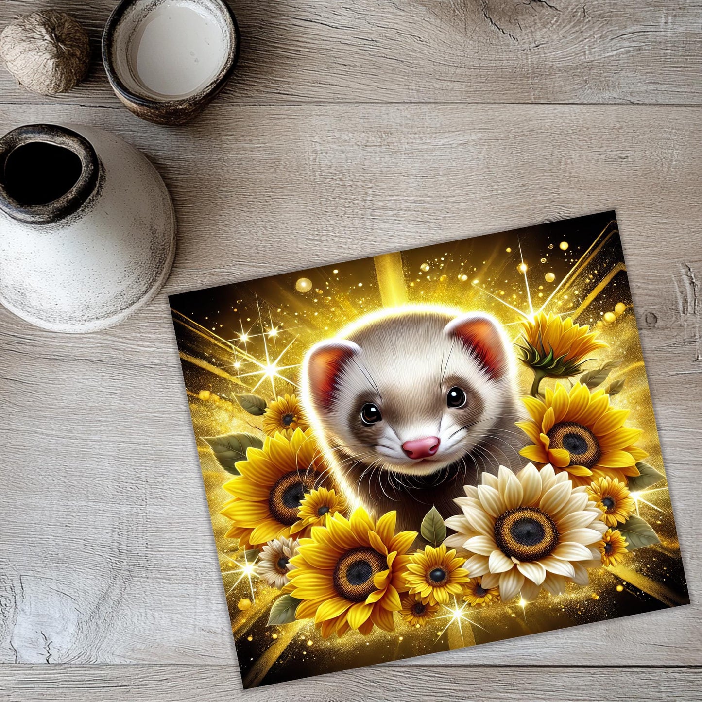 a picture of a ferret surrounded by sunflowers