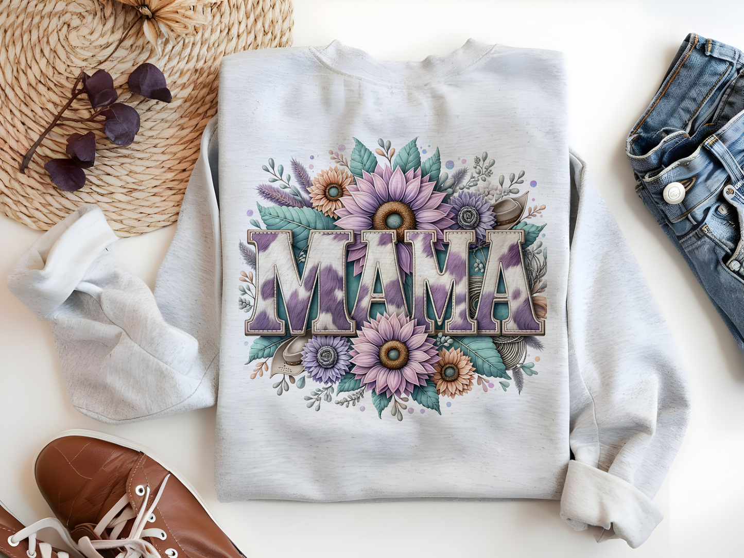 Mama Cowhide Sunflower PNG – Western Sublimation Design for Country Moms