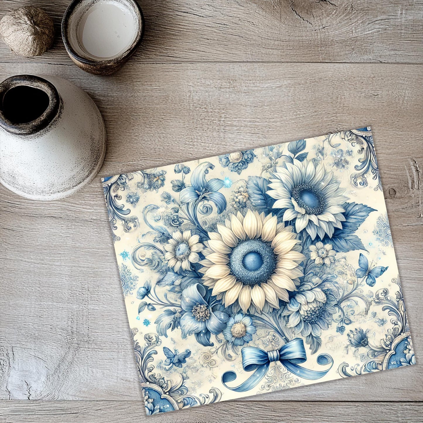 a blue and white tile with flowers on it