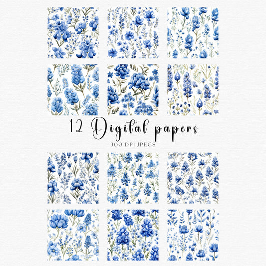 Papeles digitales florales de Texas Bluebonnet en acuarela