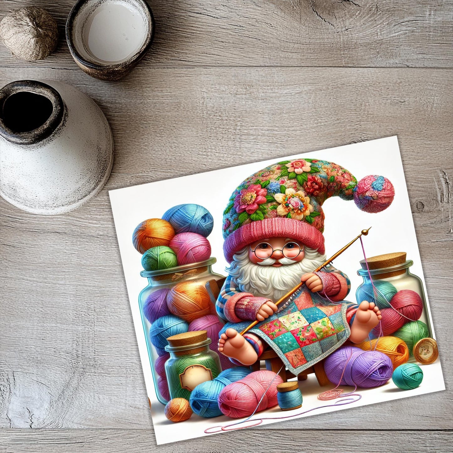 a painting of a gnome sitting on a pile of yarn