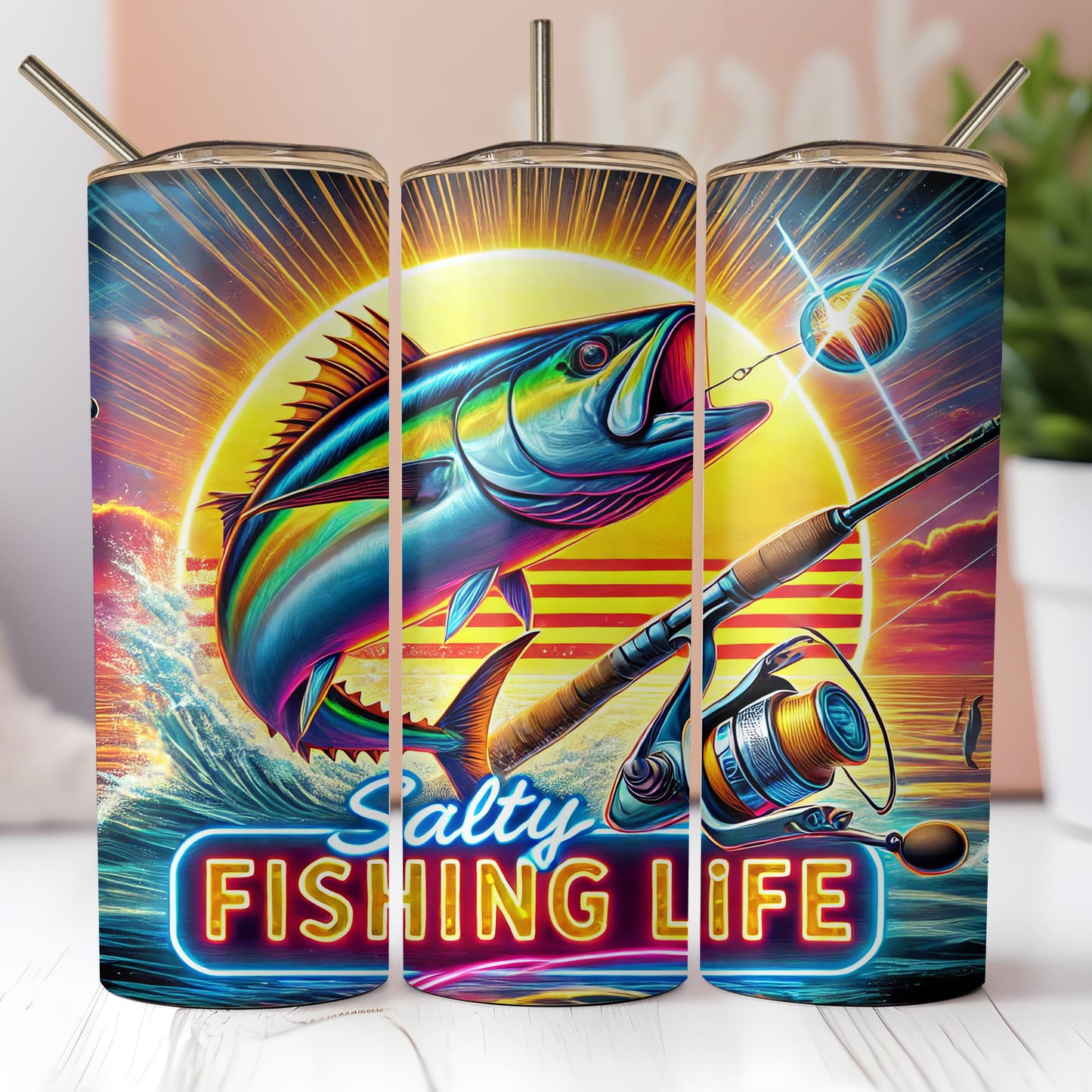 a set of three fishing canisters on a table