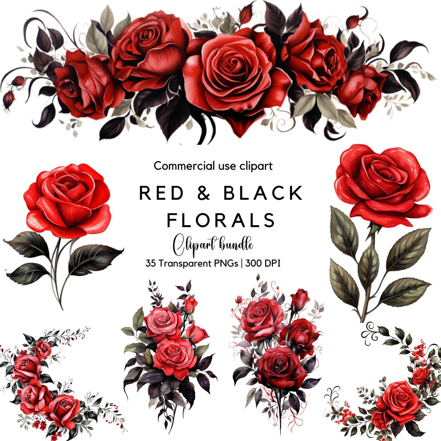 Watercolor Red and Black Floral Clipart