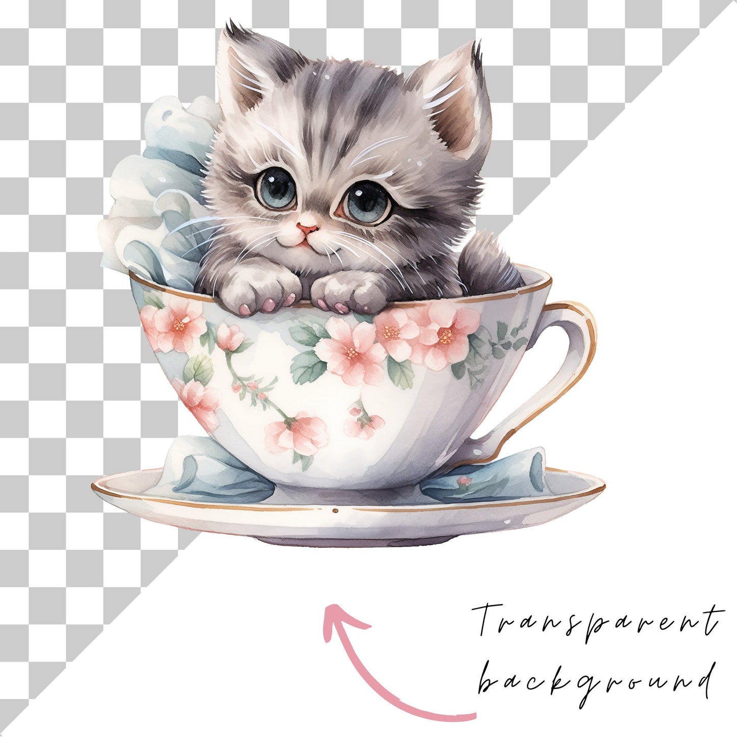 Watercolor Teacup Kitten Clipart