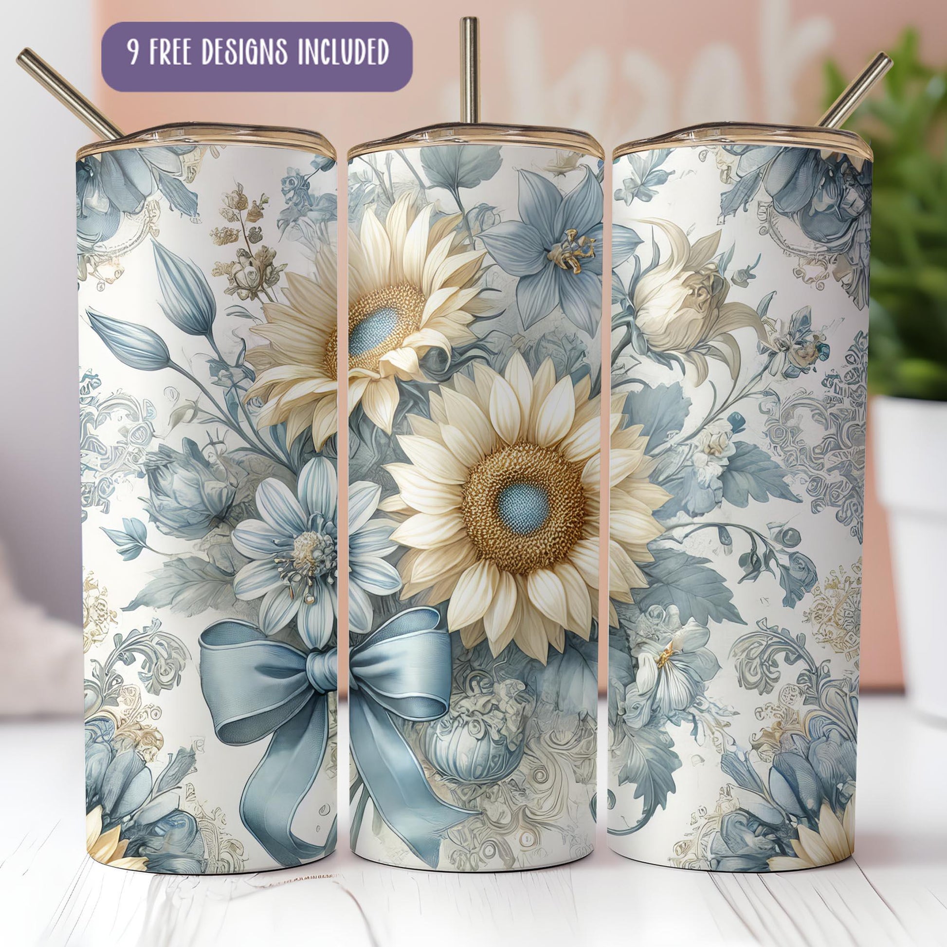 a set of three blue and white flower covered canisters