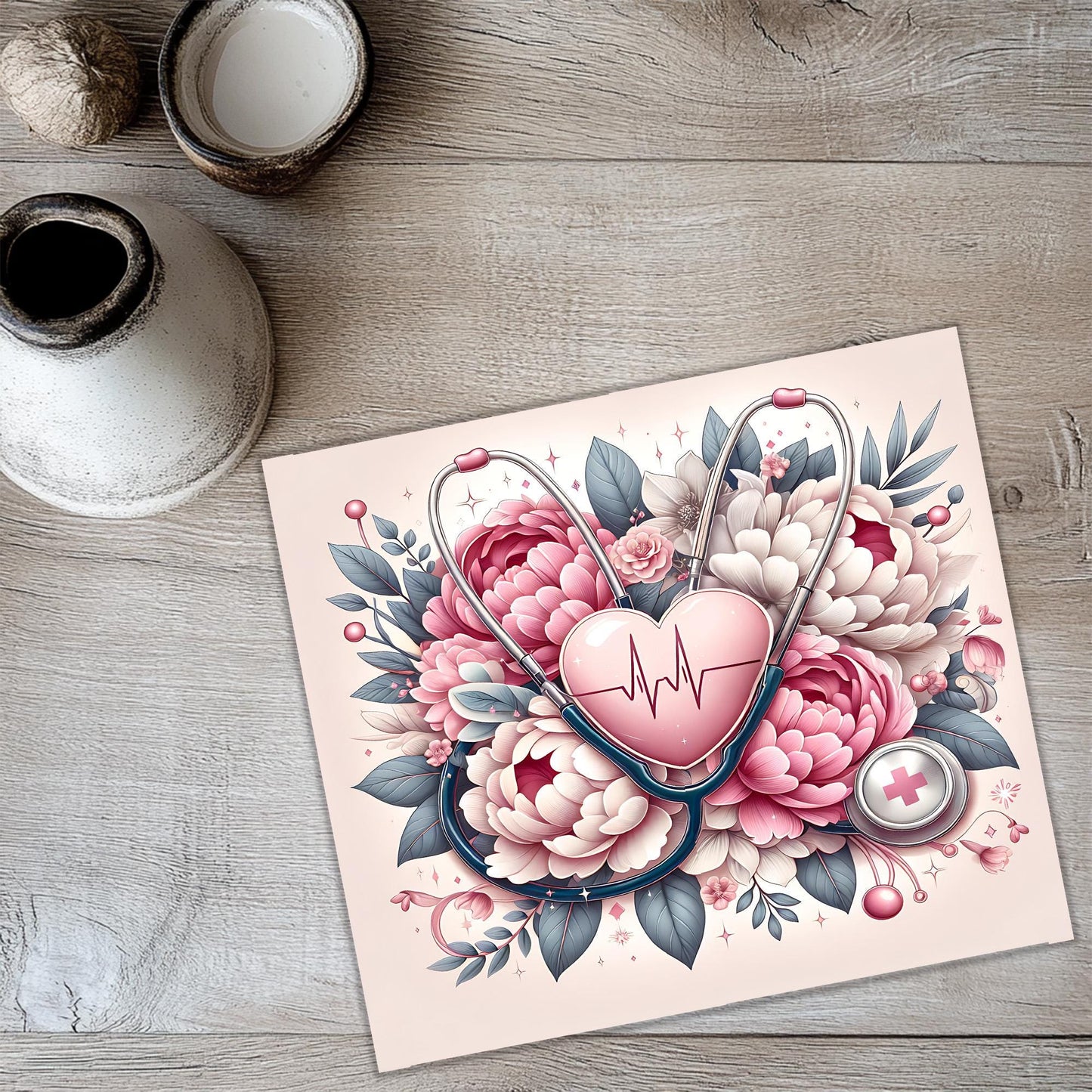 a card with a stethoscope and flowers on it