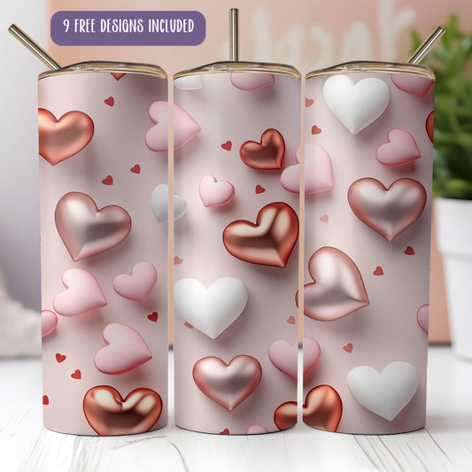 a set of three pink and red hearts on a pink background