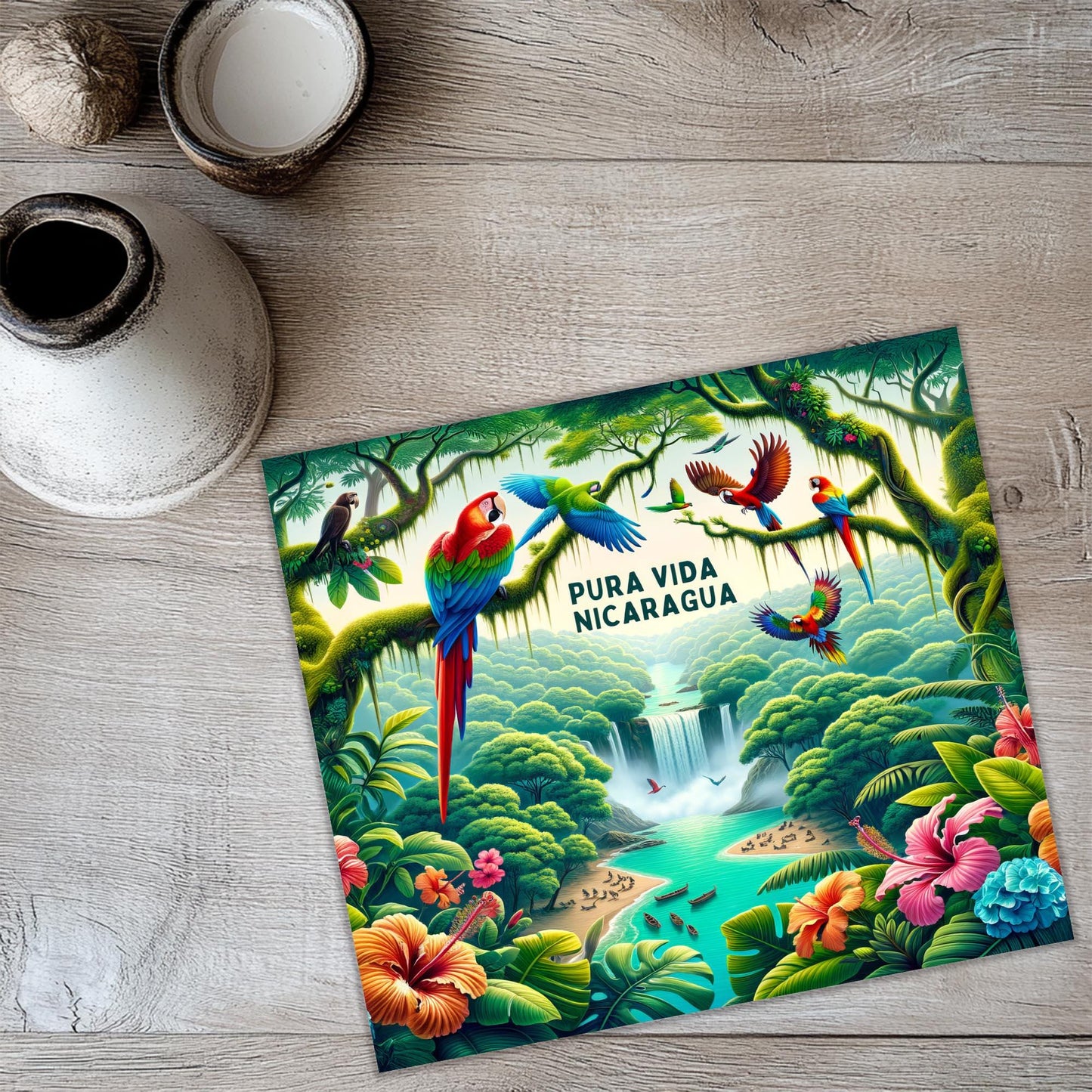 a card with a picture of a tropical scene