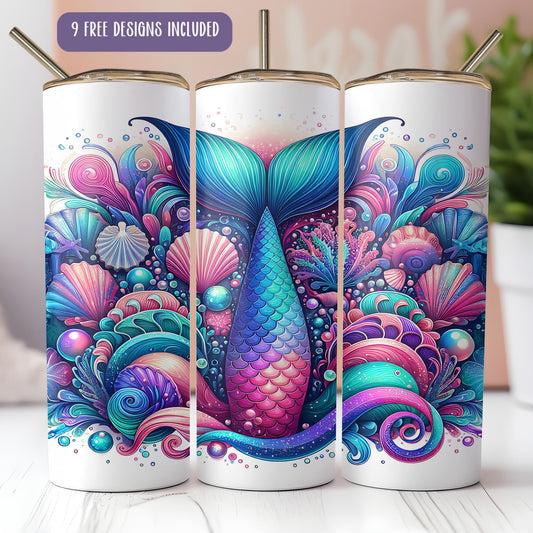 a set of three tumbles with colorful designs on them