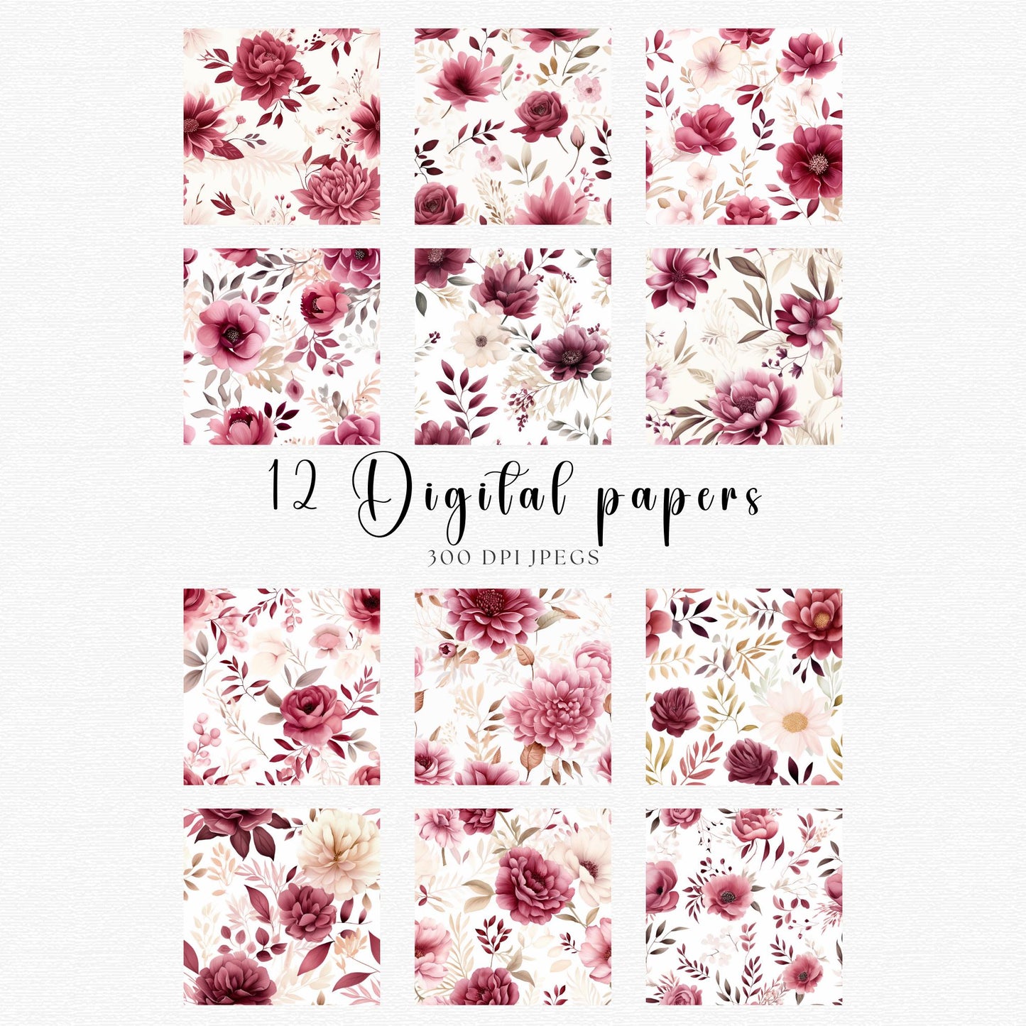Paquete de papel digital floral burdeos y ruborizado