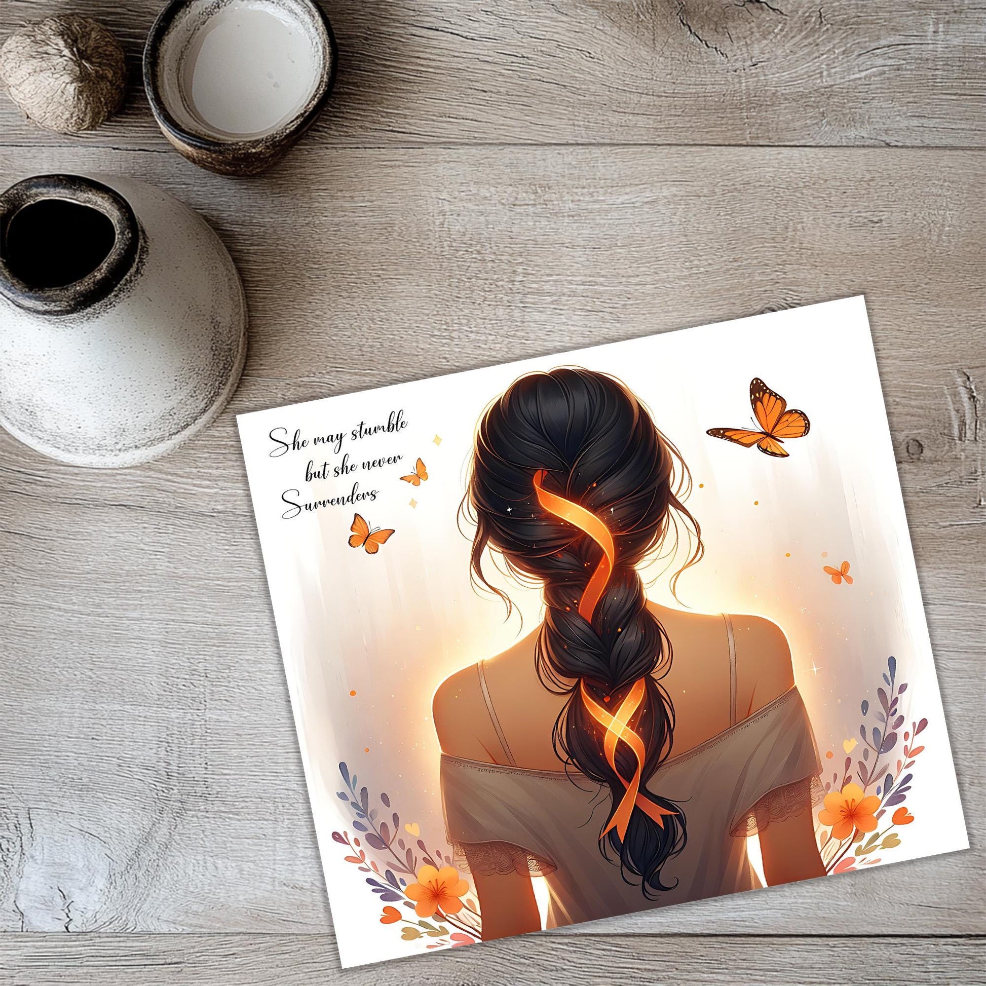 a card with a picture of a woman with a braid