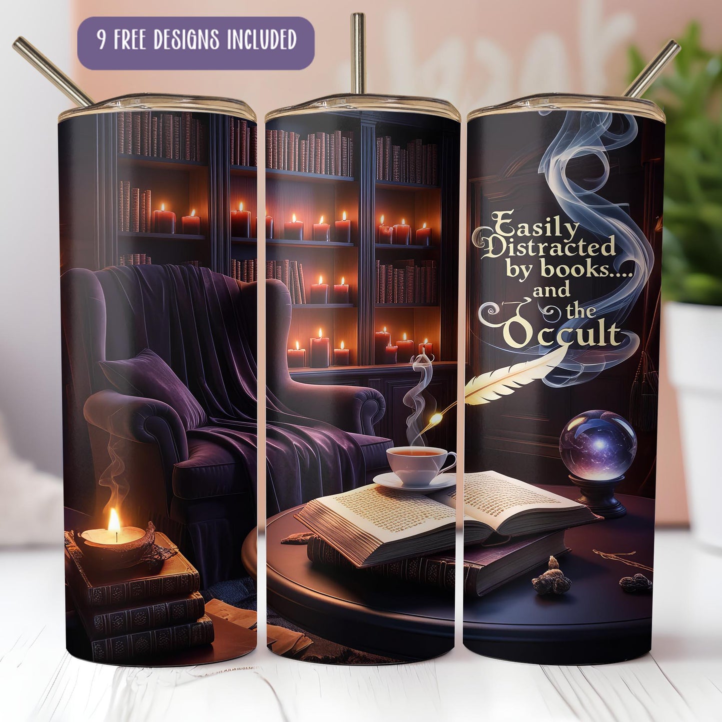 a set of three travel mugs with a picture of a book and a candle