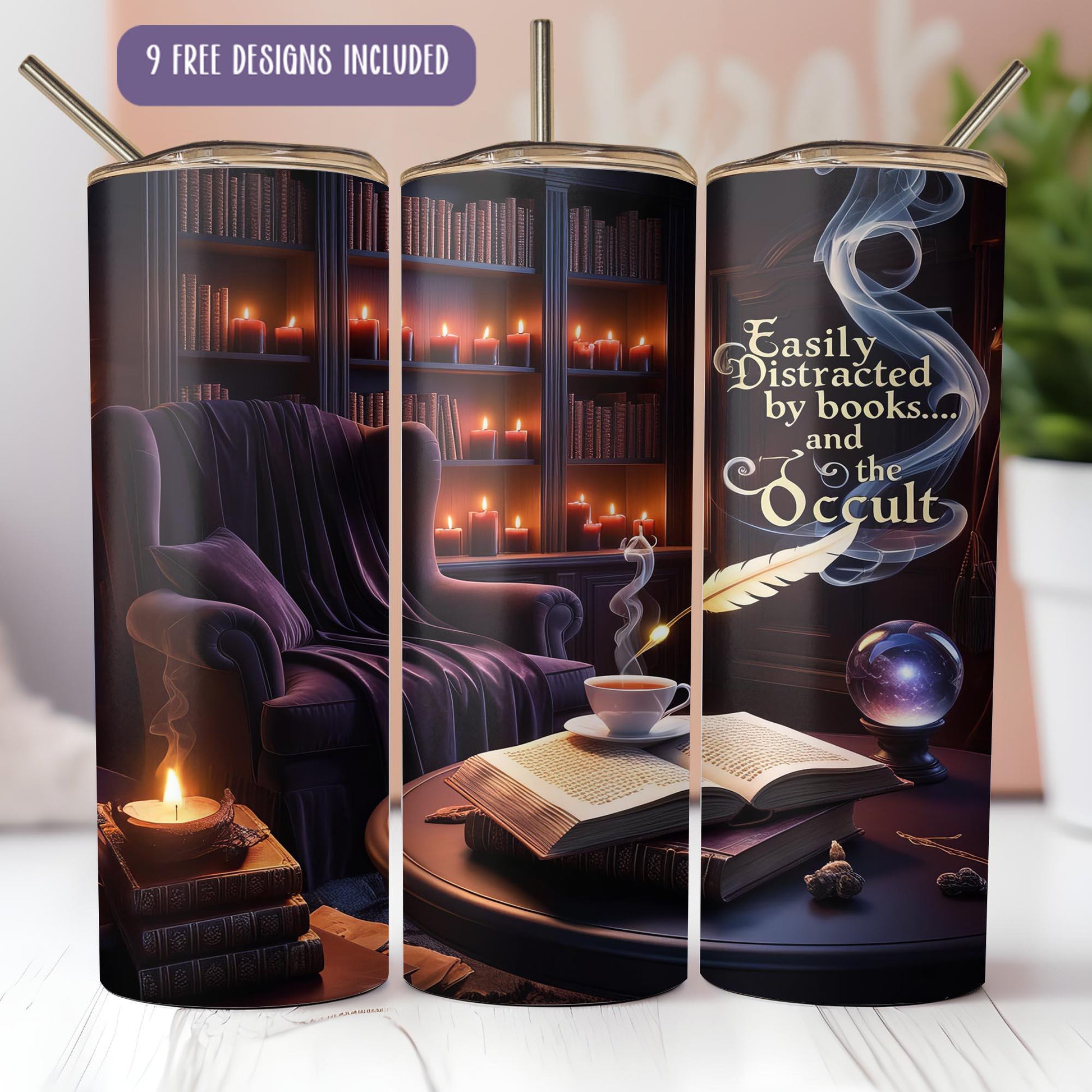 a set of three travel mugs with a picture of a book and a candle