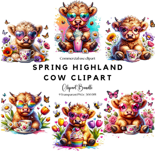 Watercolor Spring Highland Cow Clipart
