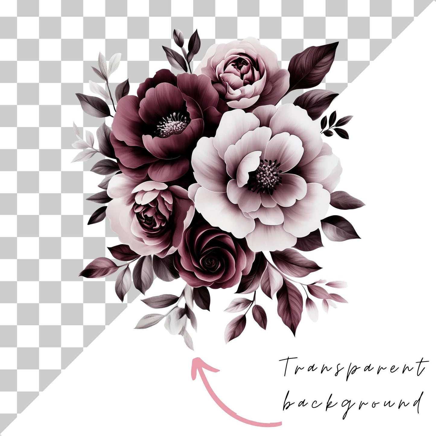 Clipart floral en acuarela de color rosa intenso