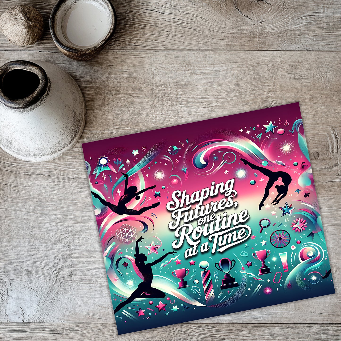 a vibrant and colorful illustration of a gymnast performing a routine, surrounded by various gymnastics-related elements such as stars, ribbons, and trophies.
