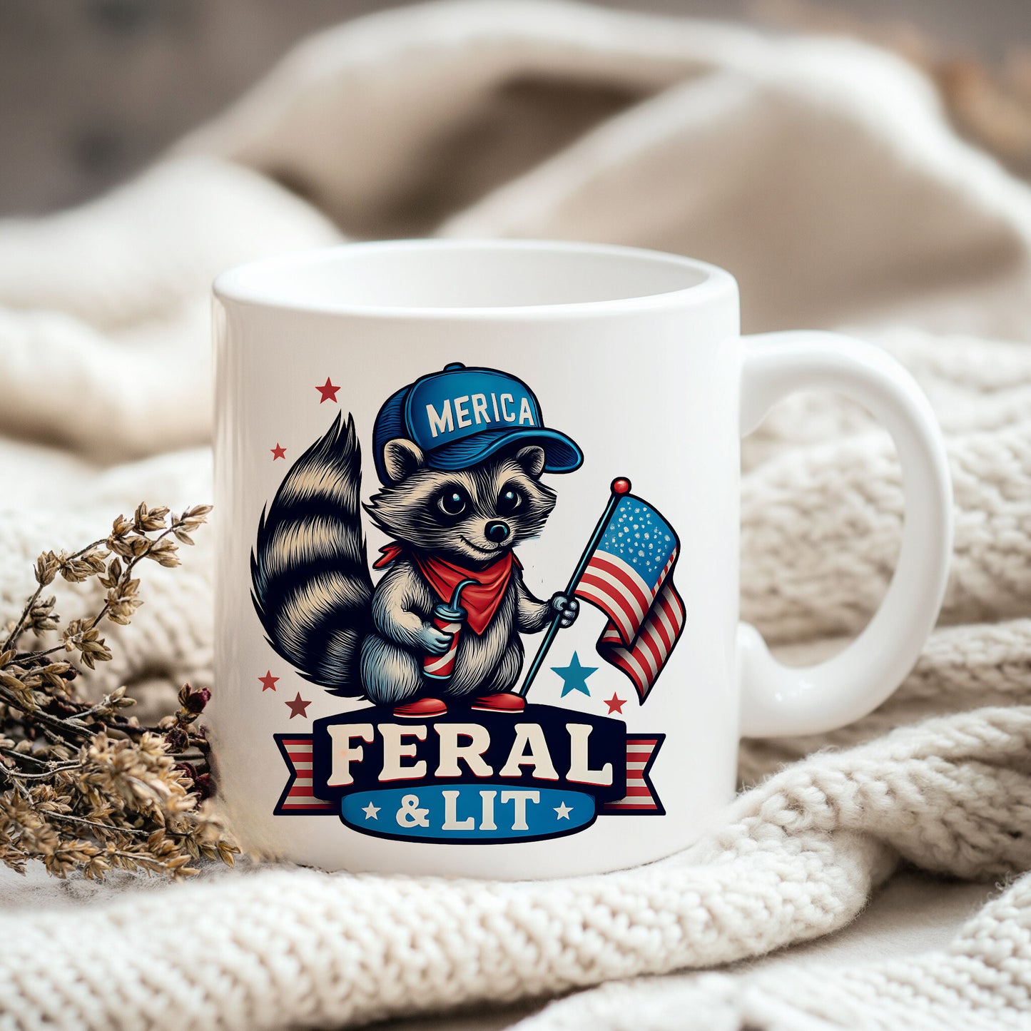 a mug with a raccoon holding an american flag