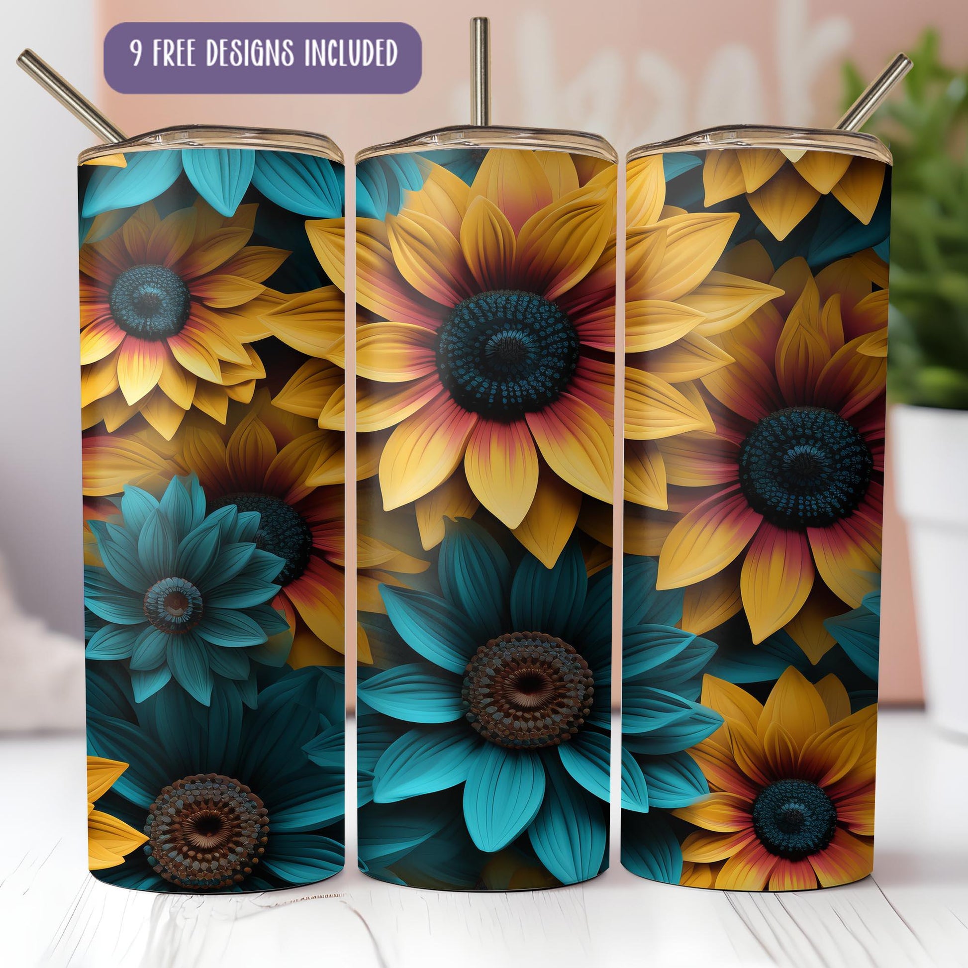 a set of three colorful sunflowers on a white table
