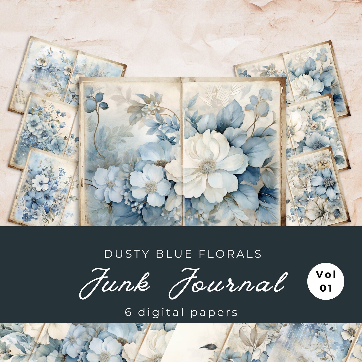 Dusty Blue Floral Junk Journal Pages