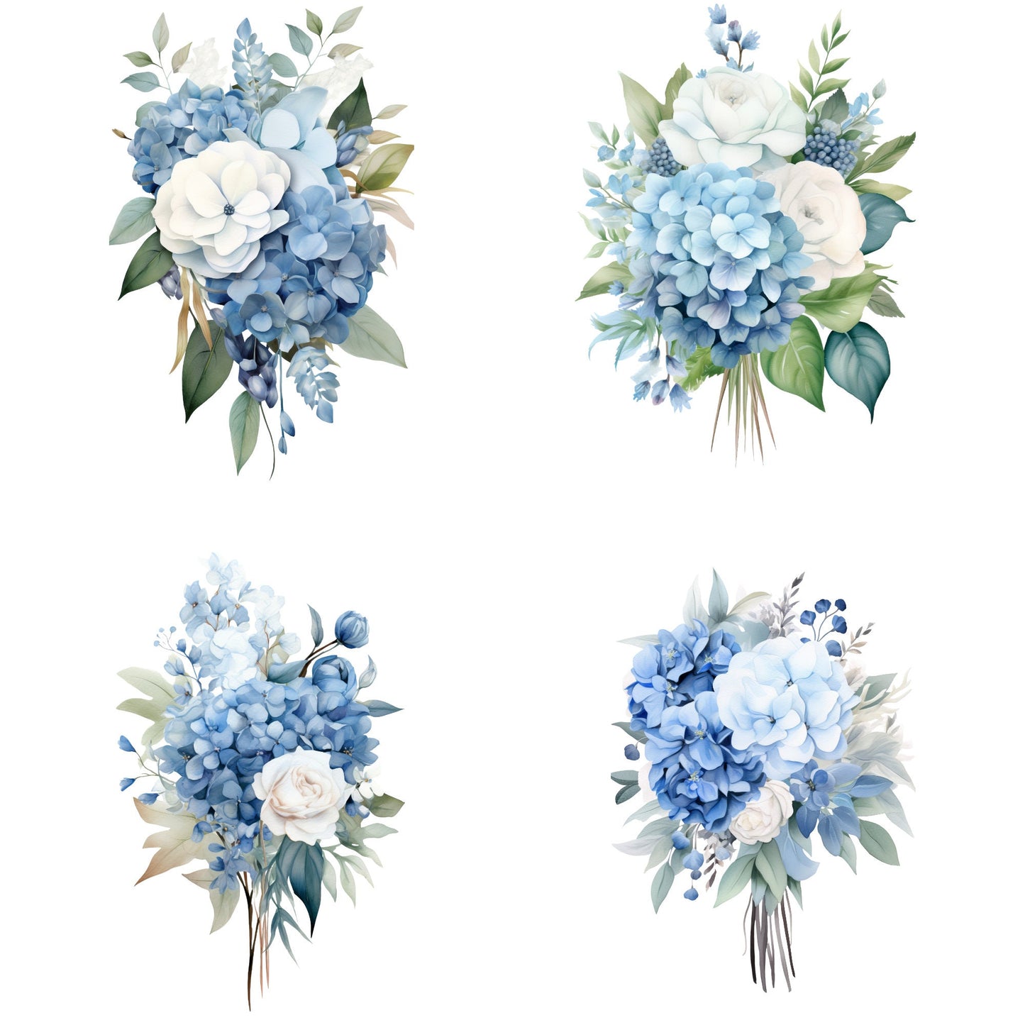 Clipart de ramo de hortensias azules en acuarela