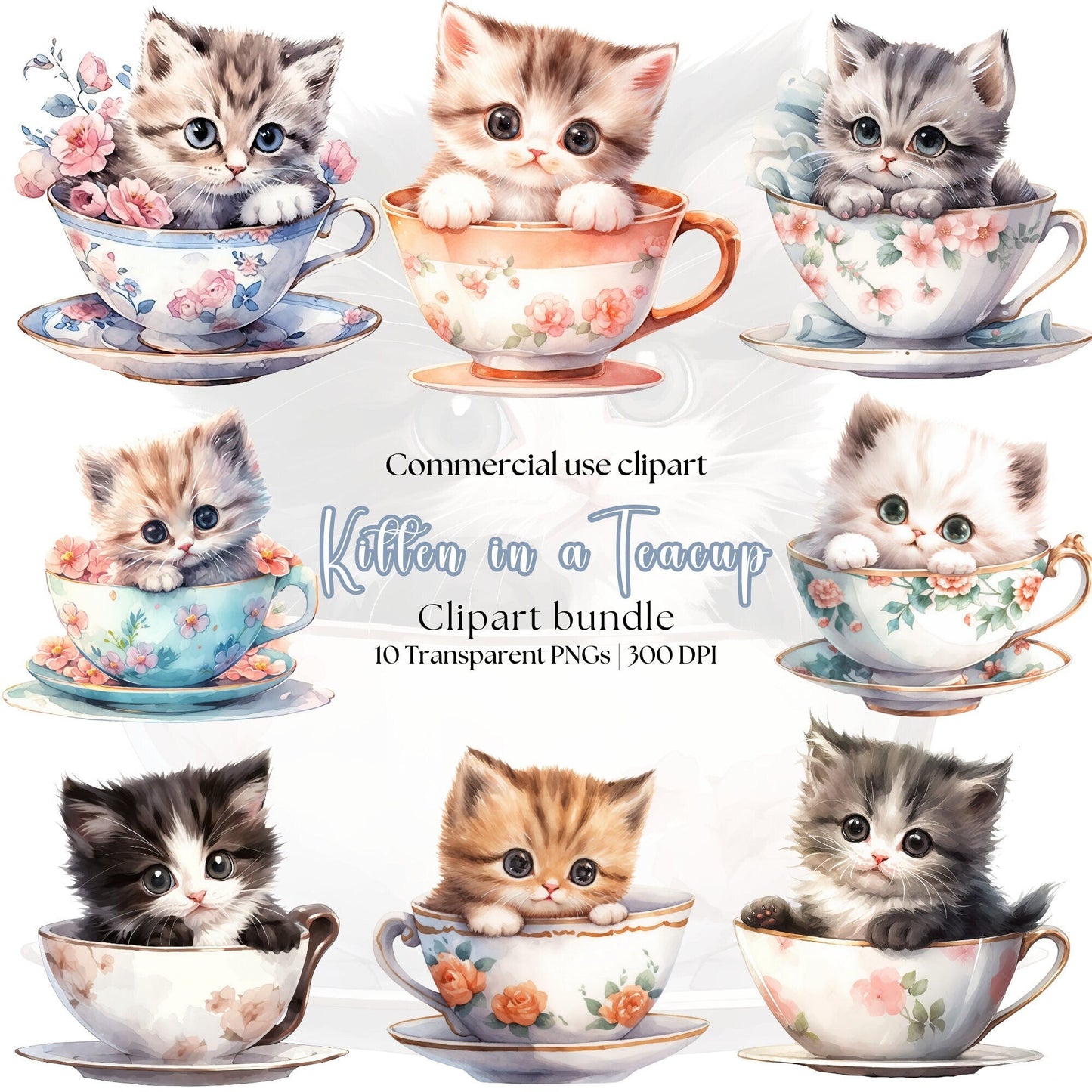 Watercolor Teacup Kitten Clipart