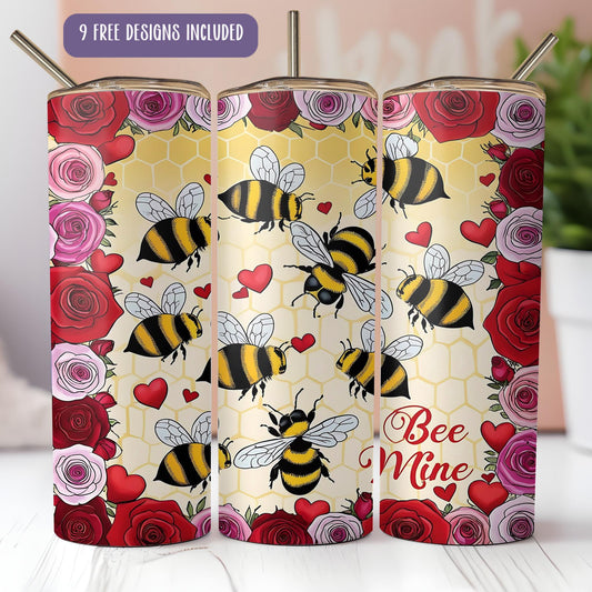 a set of three tumbles with bees and roses on them