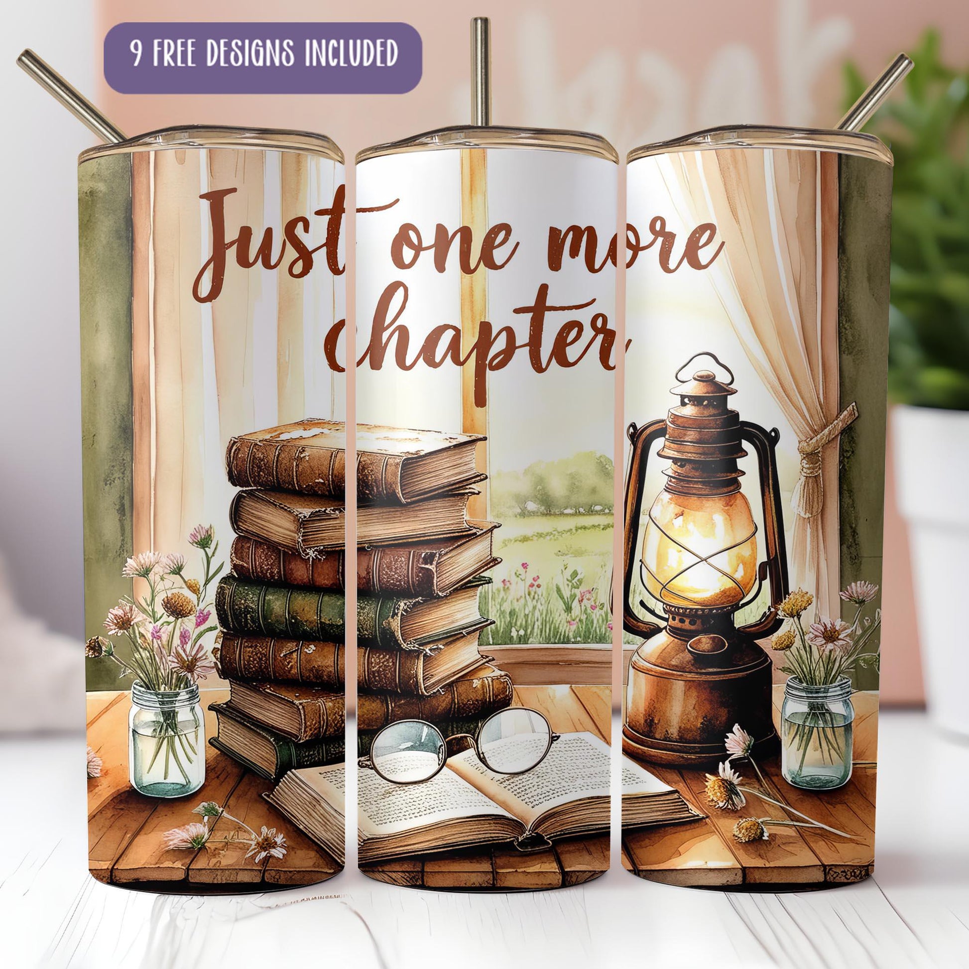 a coffee cup with a picture of a stack of books and a lantern