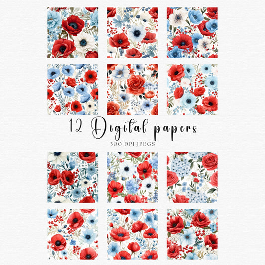 Watercolor 4th July Floral Digital Papers