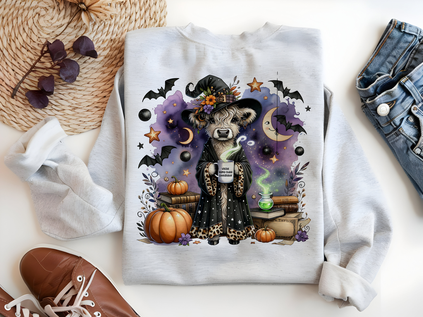 Witchy Mama Chaos Coordinator PNG – Funny Highland Cow Halloween Sublimation