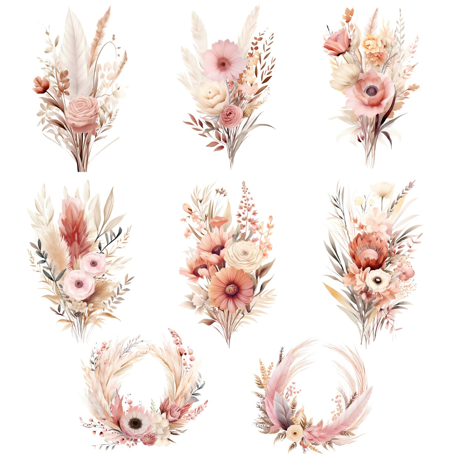 Watercolor Blush Bohemian Floral Clipart