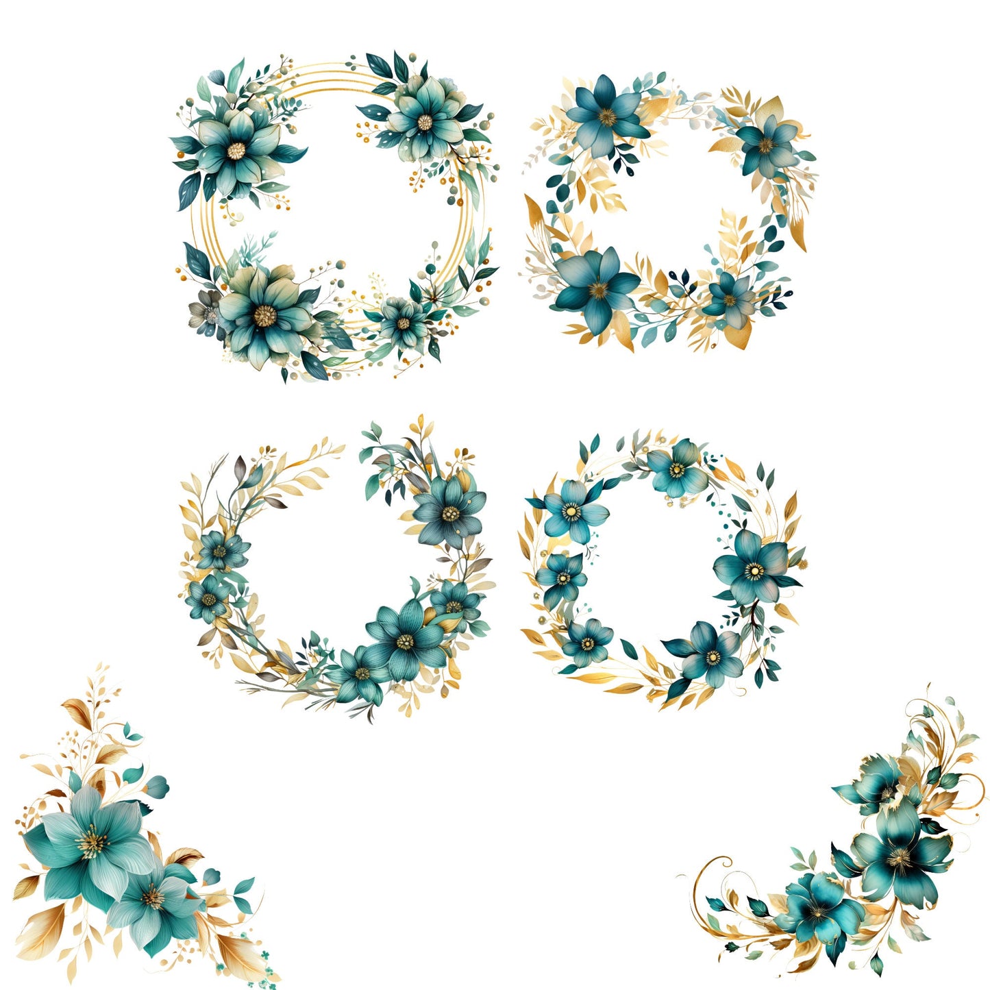 Watercolor Teal & Gold Floral Clipart