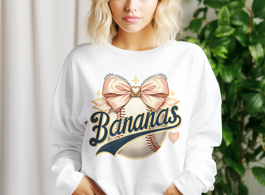 Bananas Baseball Coquette Bow PNG – Funny Mascot Sublimation Design