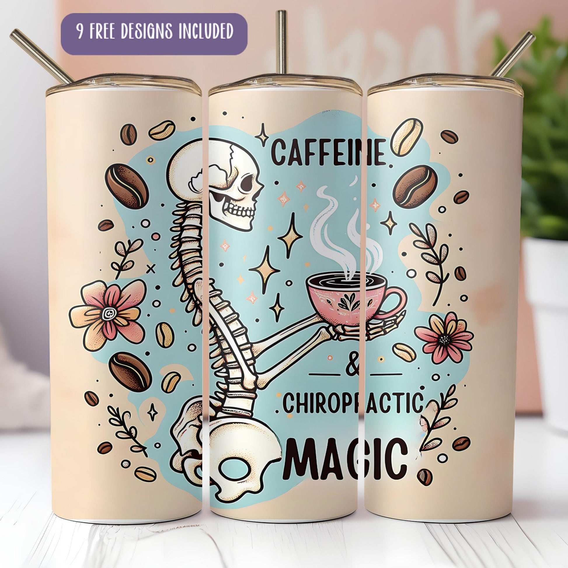 three coffee cups with a skeleton holding a cup of coffee