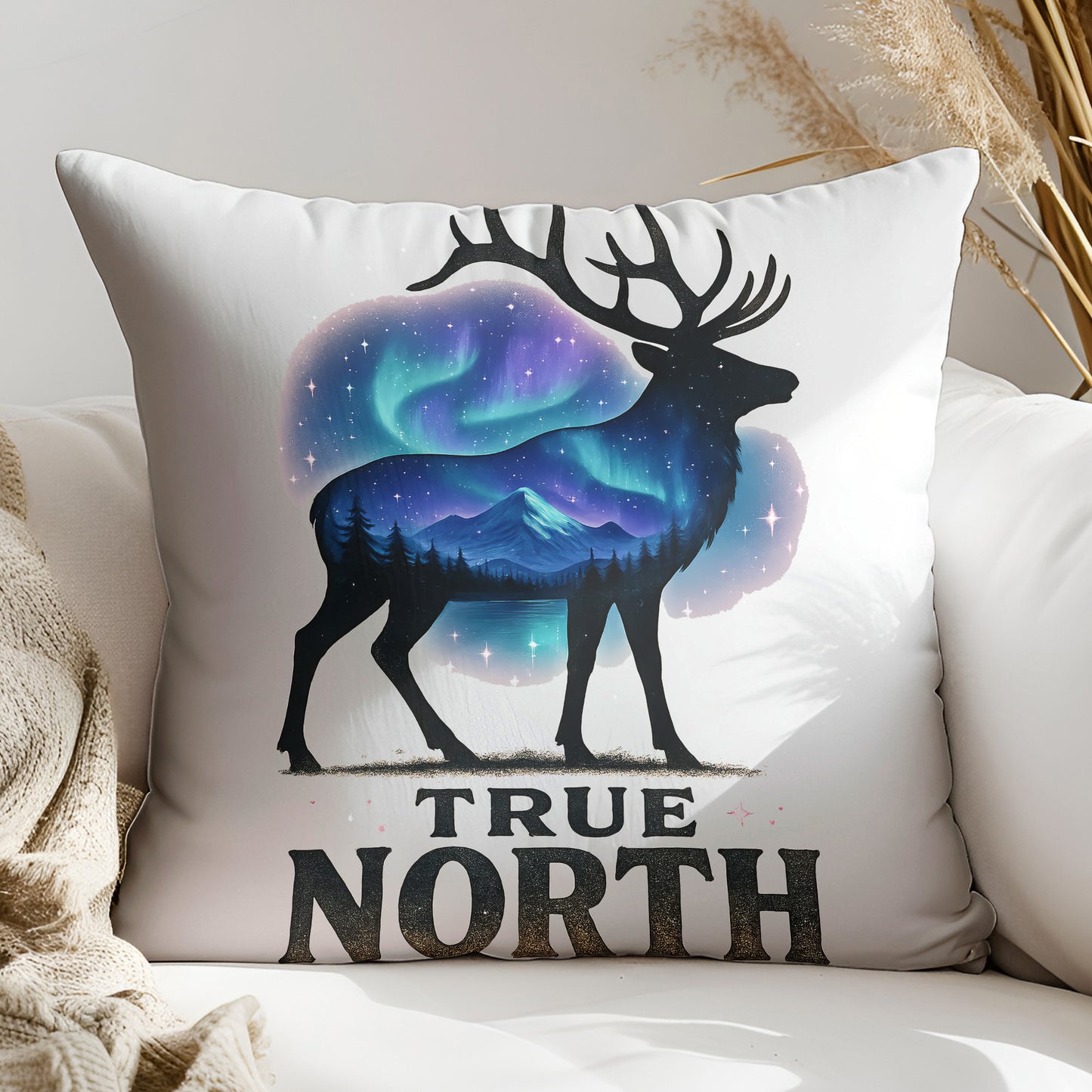 a pillow that has a picture of a deer on it