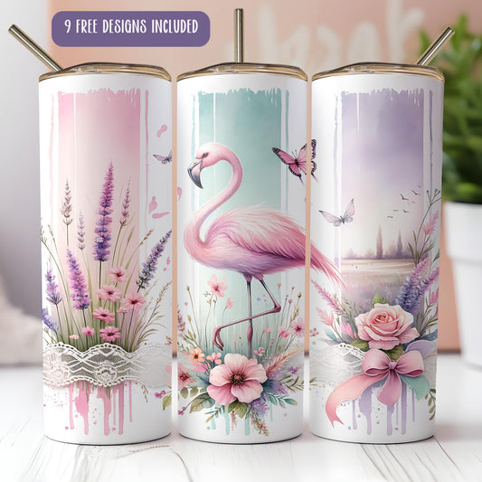 three pink flamingos with flowers and butterflies painted on them