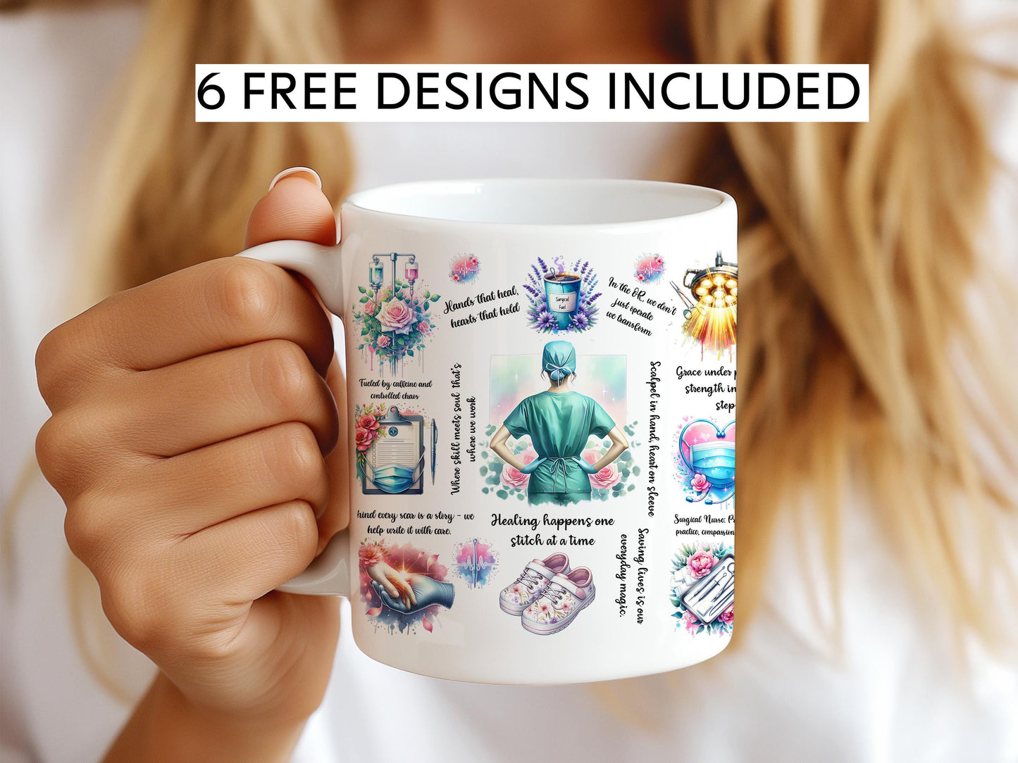 a woman is holding a coffee mug with pictures on it
