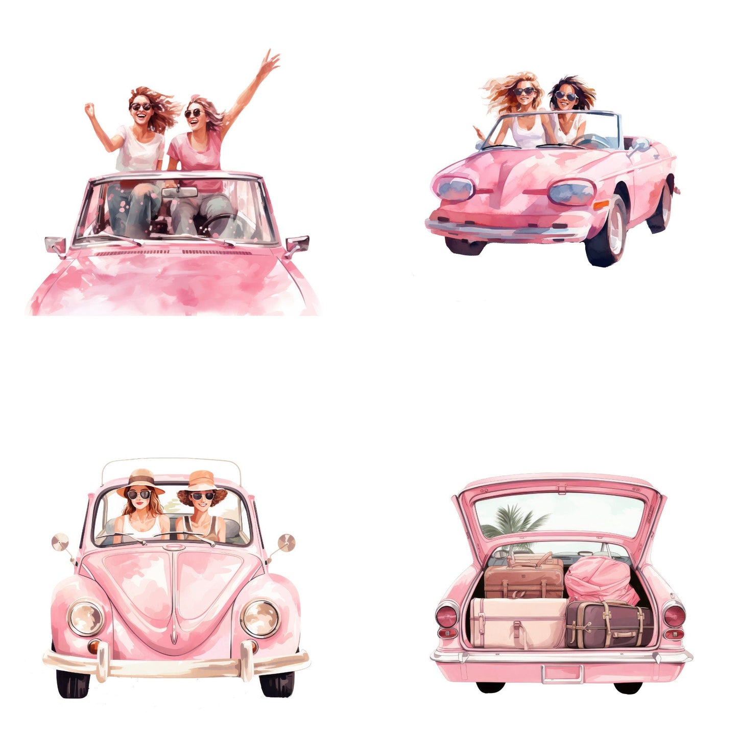 Watercolor Pink Road trip girl clipart