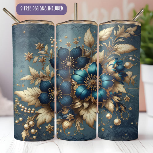 a set of three blue and gold flower vases