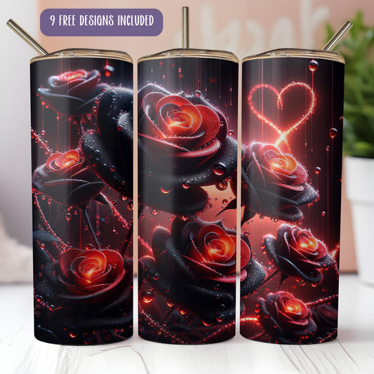 a set of three travel mugs with red roses on them