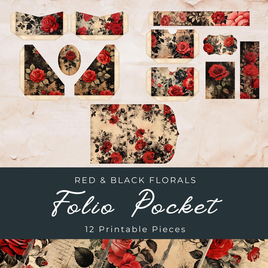 Red and Black Floral Junk Journal Folio Pocket 12 Pieces