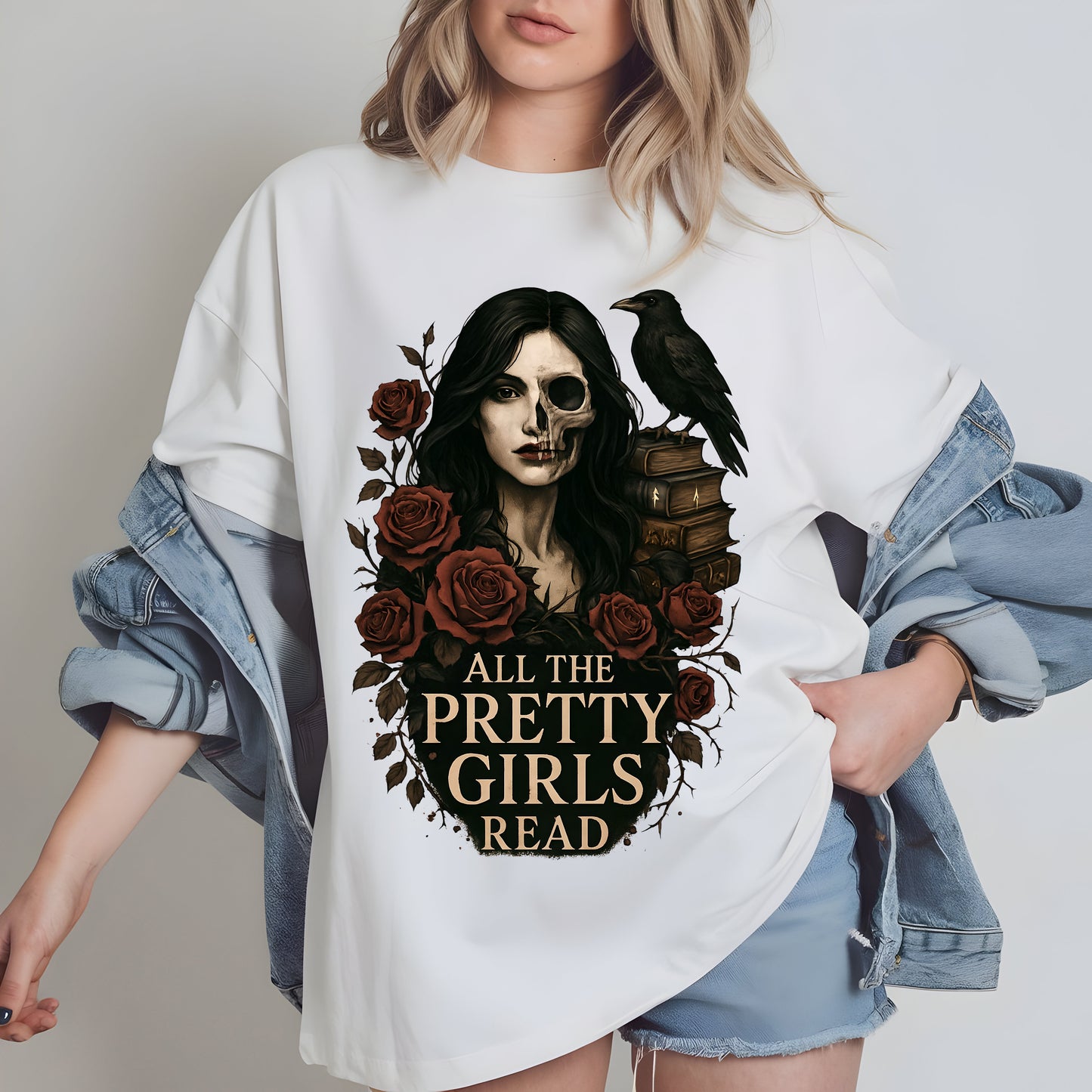 a woman wearing a t - shirt with a skull and roses on it