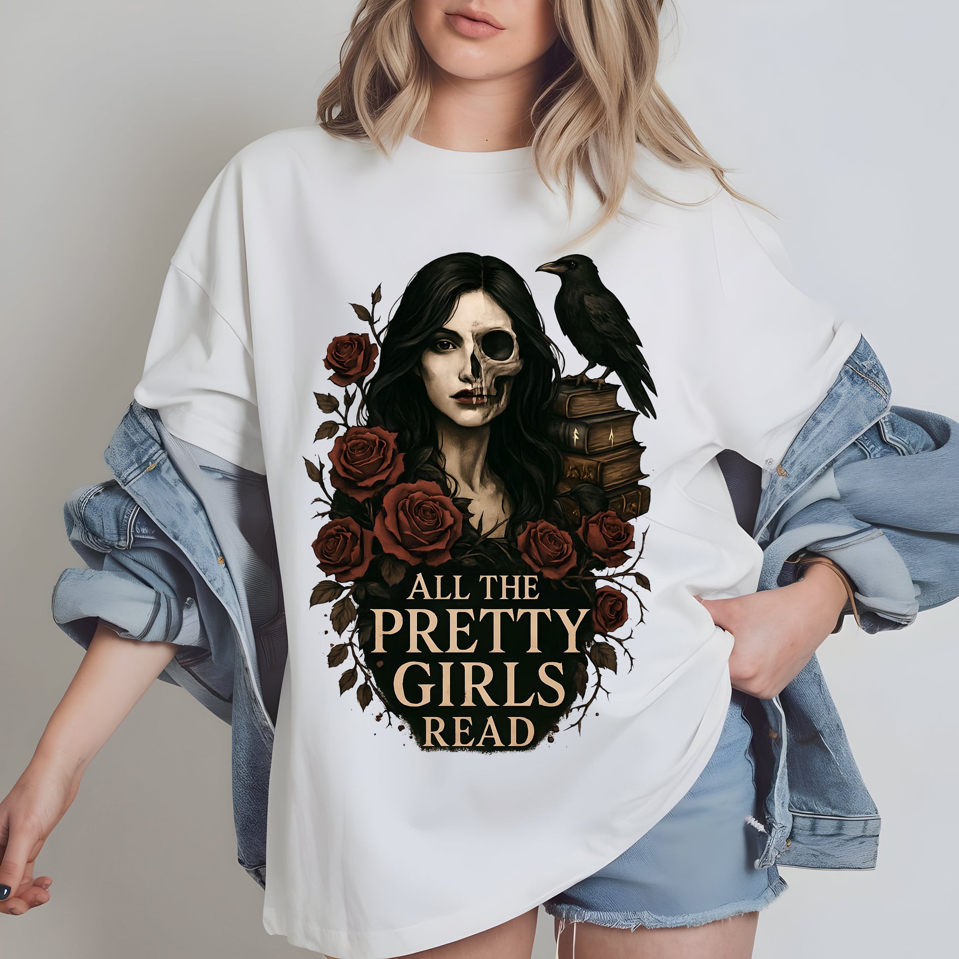 a woman wearing a t - shirt with a skull and roses on it