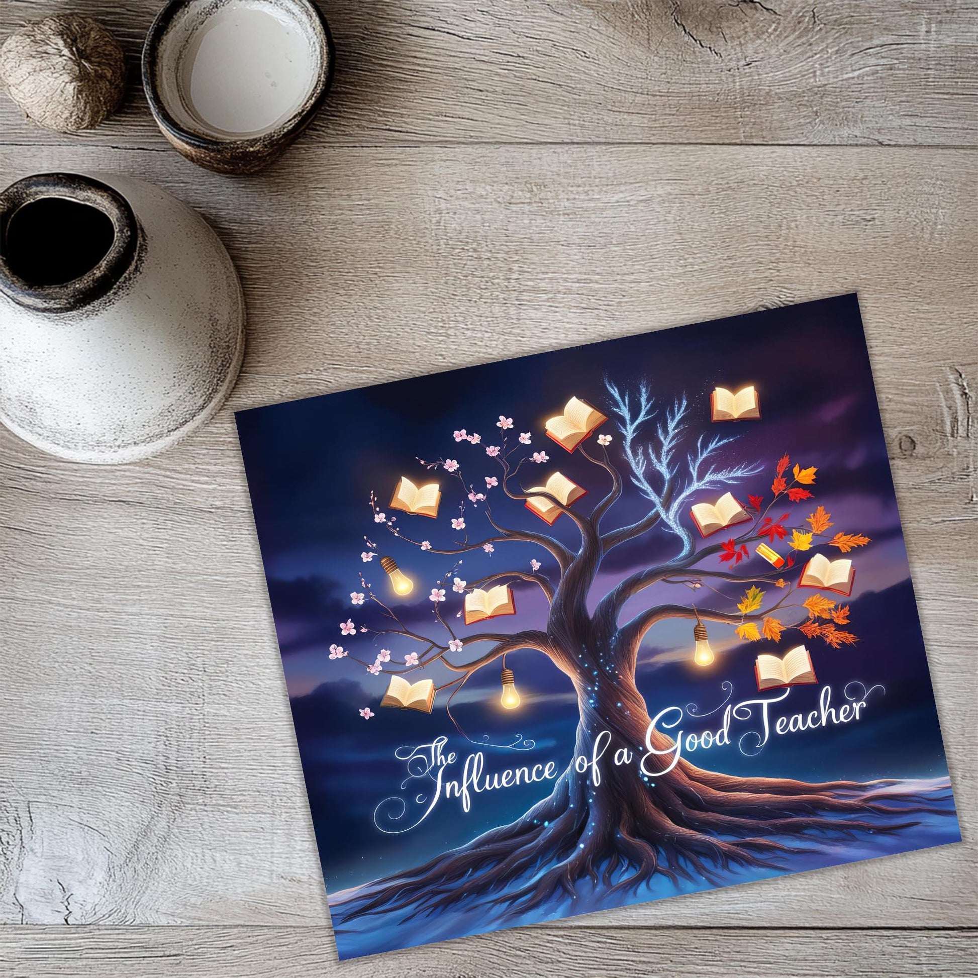a greeting card with a tree with hearts on it
