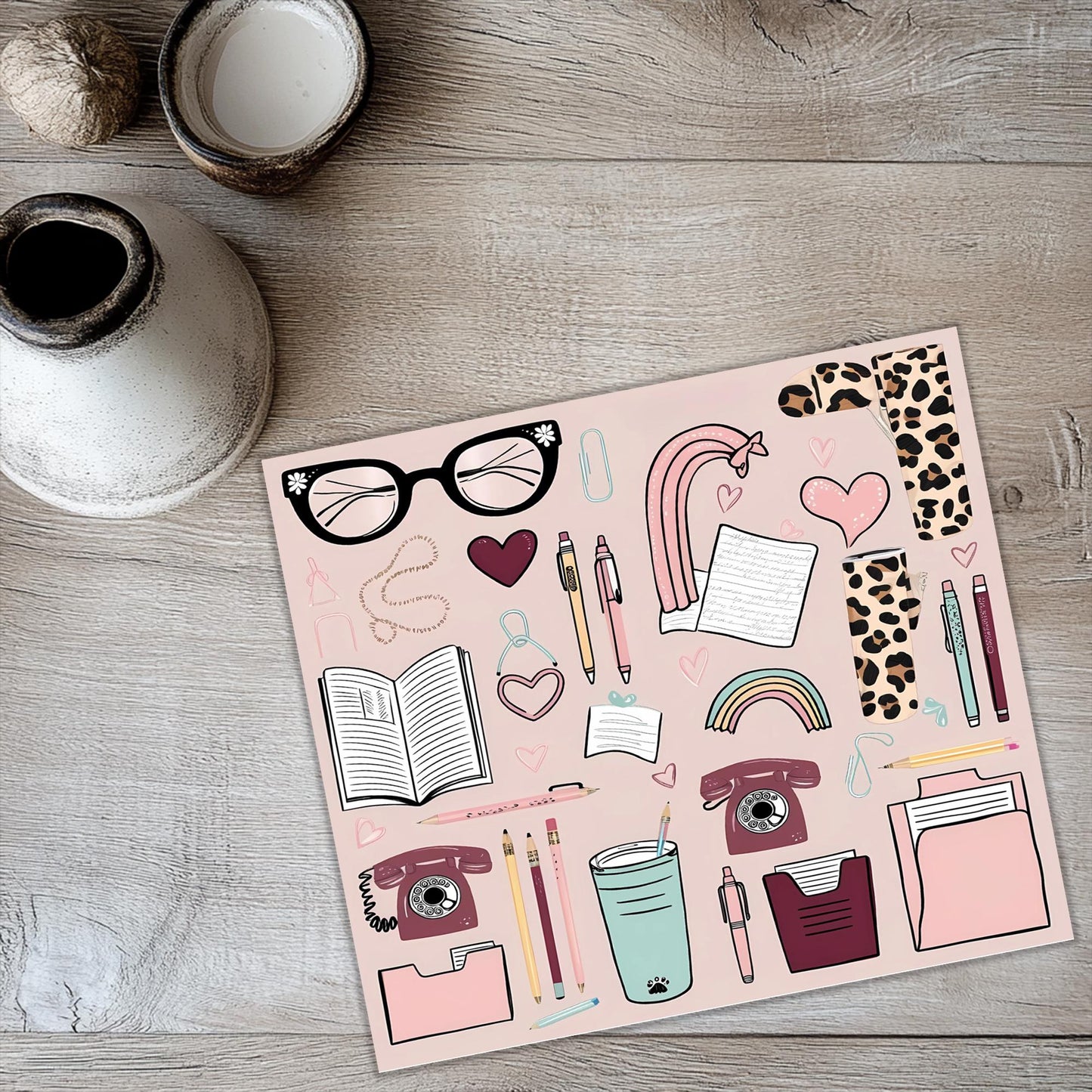 a picture of a table with a book, glasses, a cup, and a