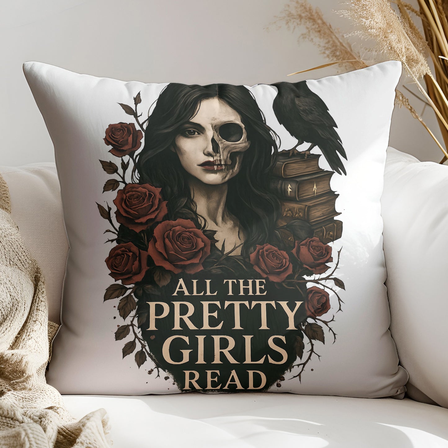 a pillow that has a picture of a girl with a skull on it