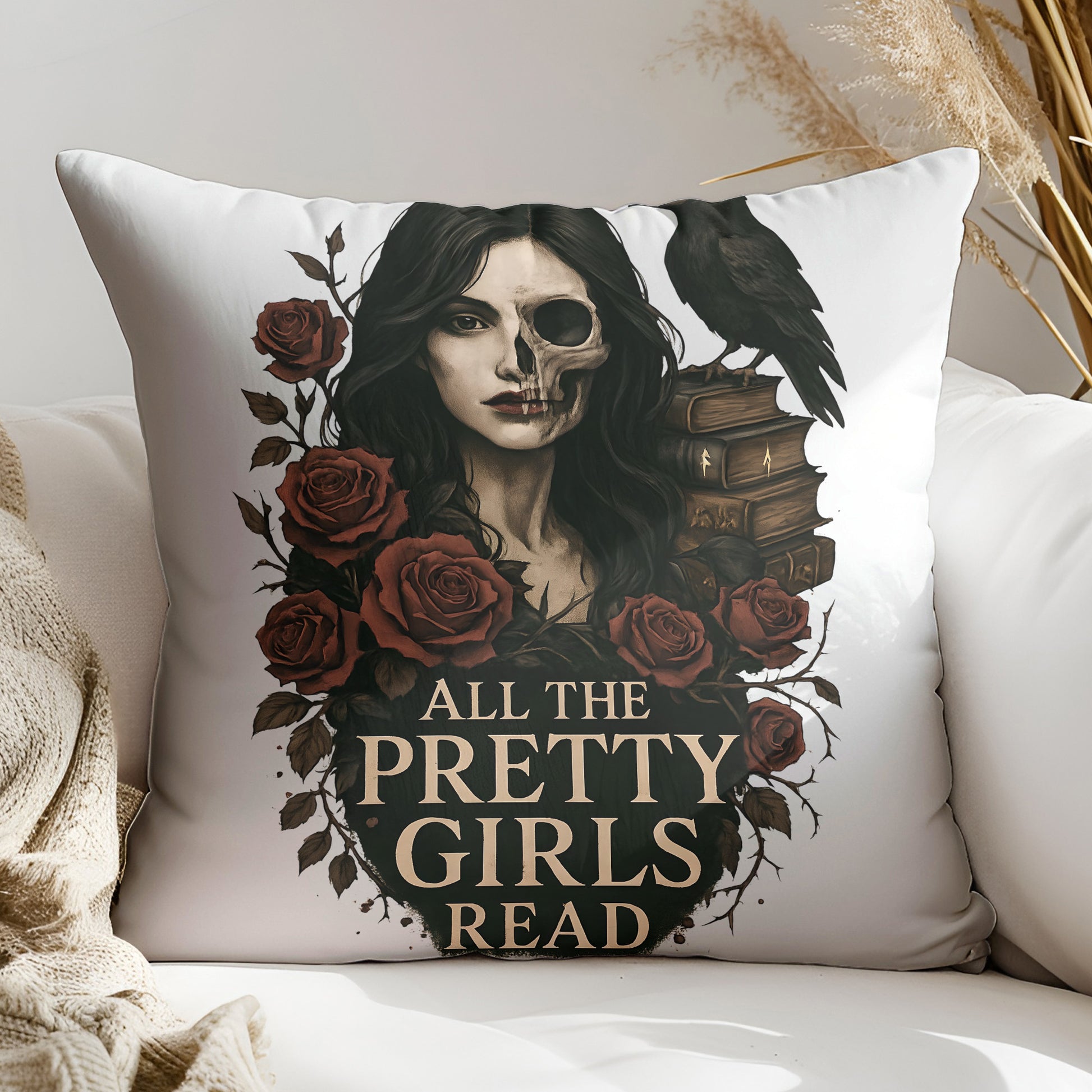 a pillow that has a picture of a girl with a skull on it