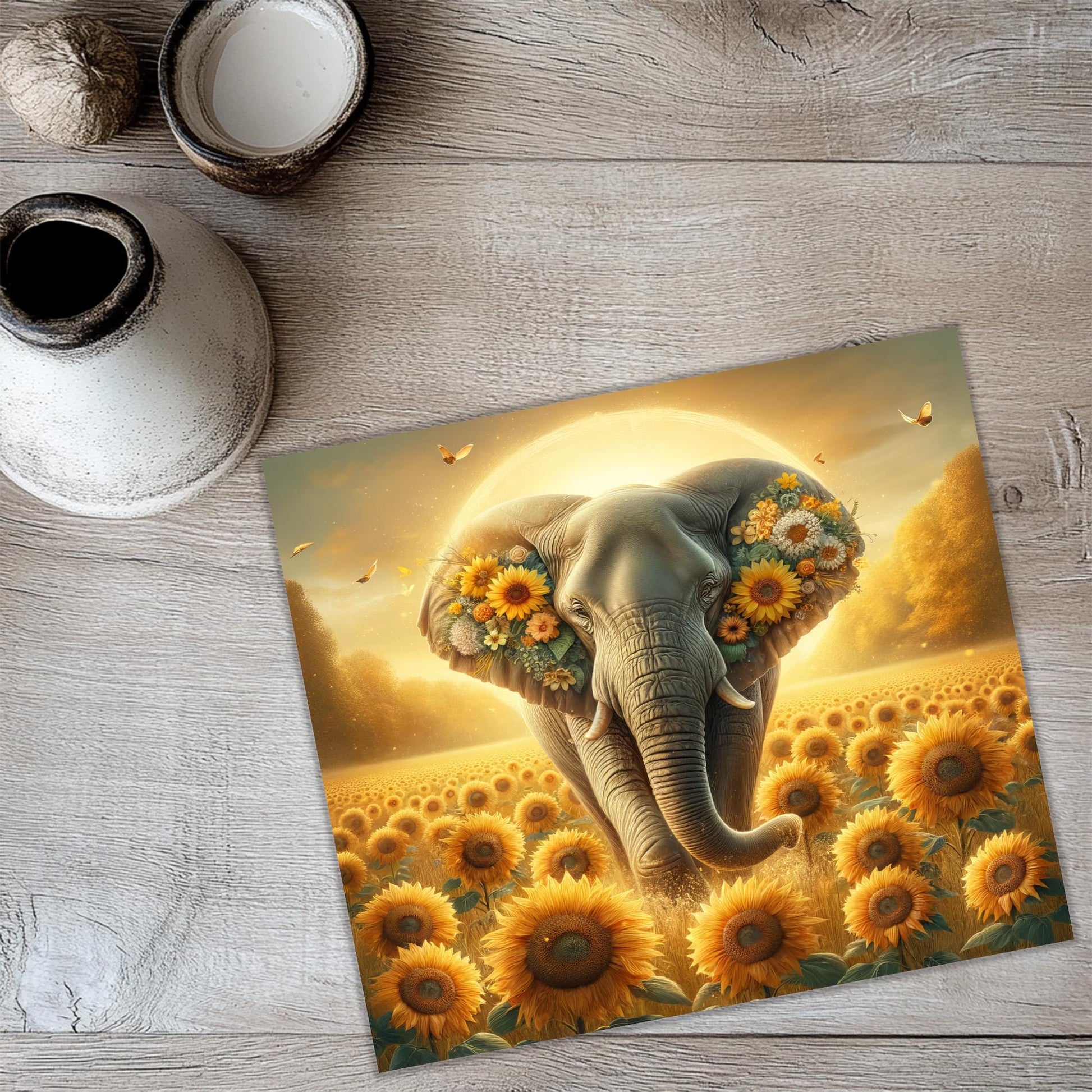 a picture of an elephant with sunflowers on it